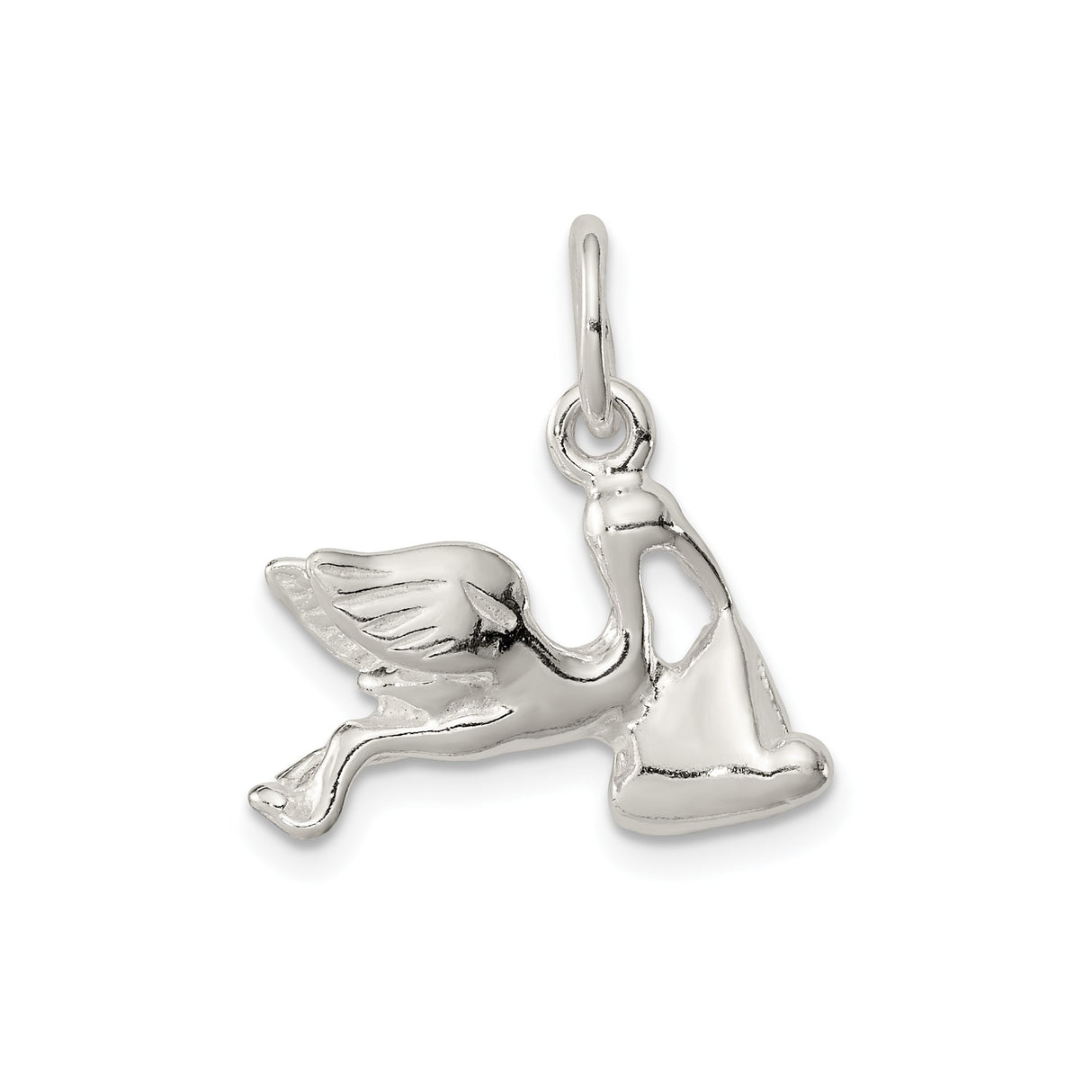 Sterling Silver Stork Charm Pendant Featuring Flying Bird and Baby Bundle, Maternity Theme