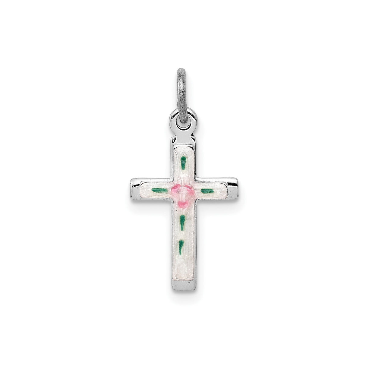 Sterling Silver Cross Pendant with Floral Enamel Detail, Vintage Style Faith Charm
