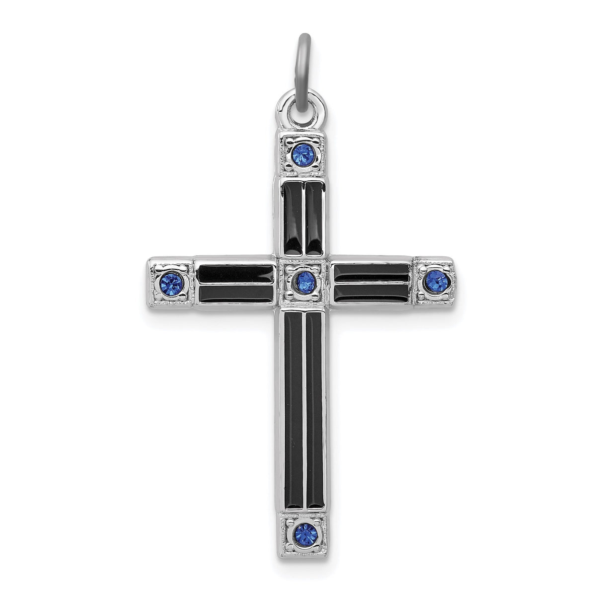 Sterling Silver Cross Pendant with Cubic Zirconia, Black Inlay, Modern Unisex Design