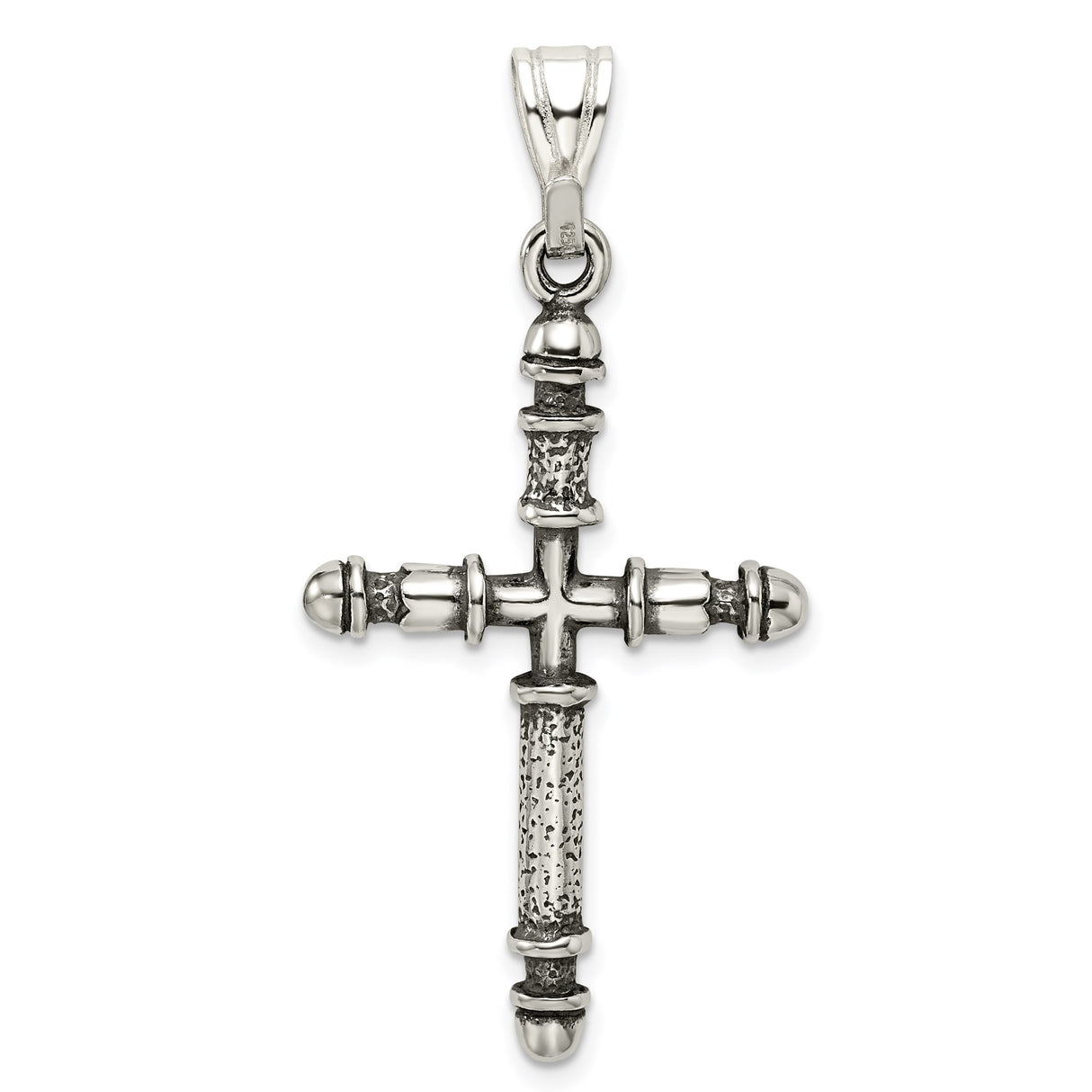 Sterling Silver Barbell Cross Pendant with Hammered Finish and Polished Bands
