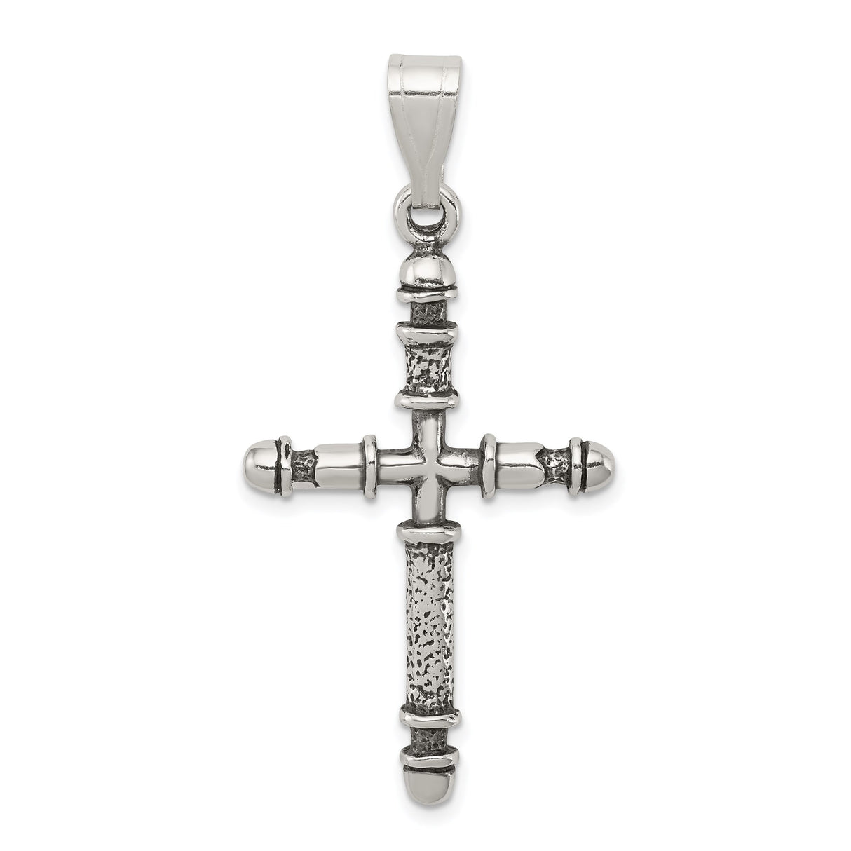Sterling Silver Barbell Cross Pendant with Hammered Finish and Polished Bands