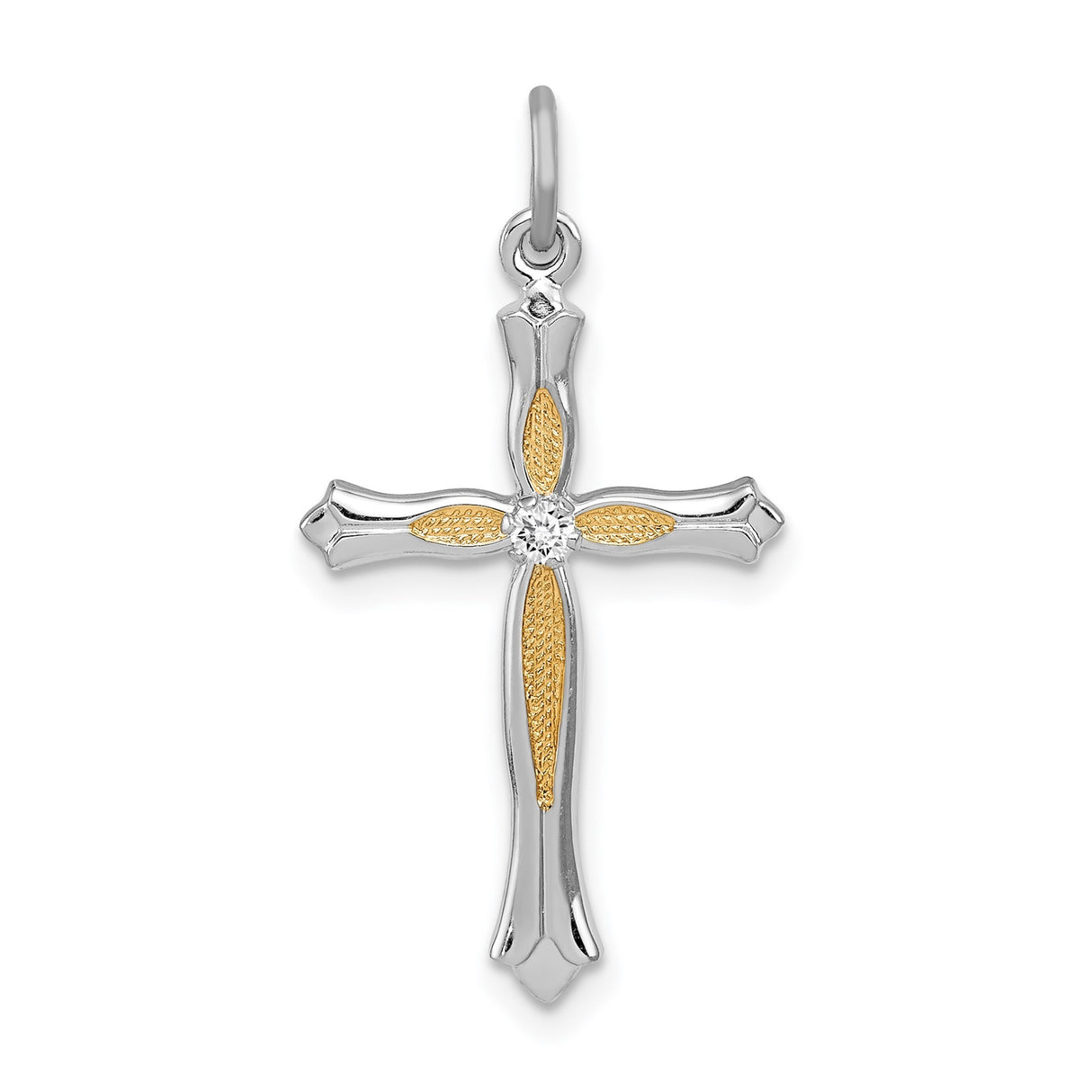Sterling Silver Cross Pendant with Cubic Zirconia, Textured Four Arm and Dual Tone Design