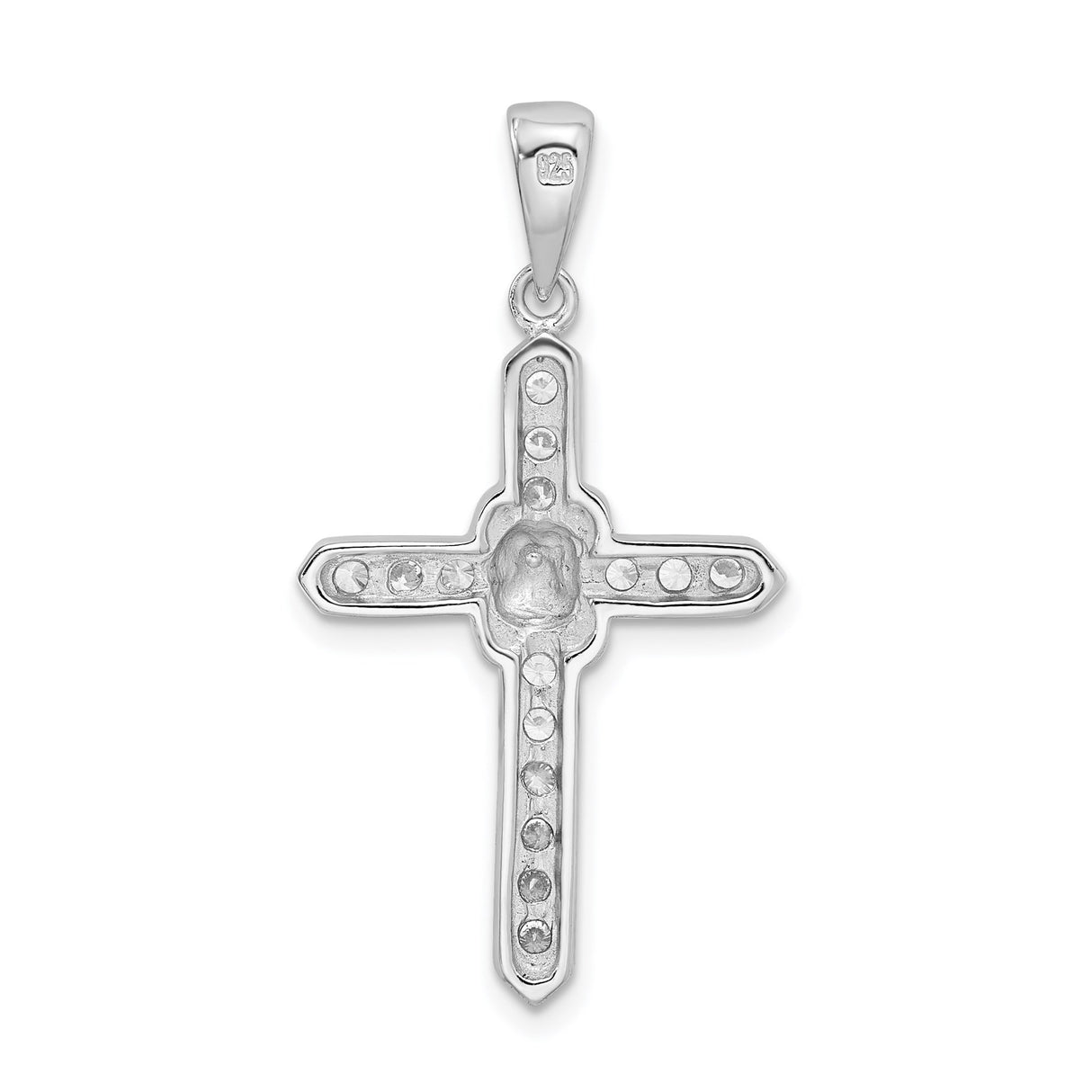 Sterling Silver Cross Pendant with Cubic Zirconia, Beveled Edge Design, Symbol of Faith