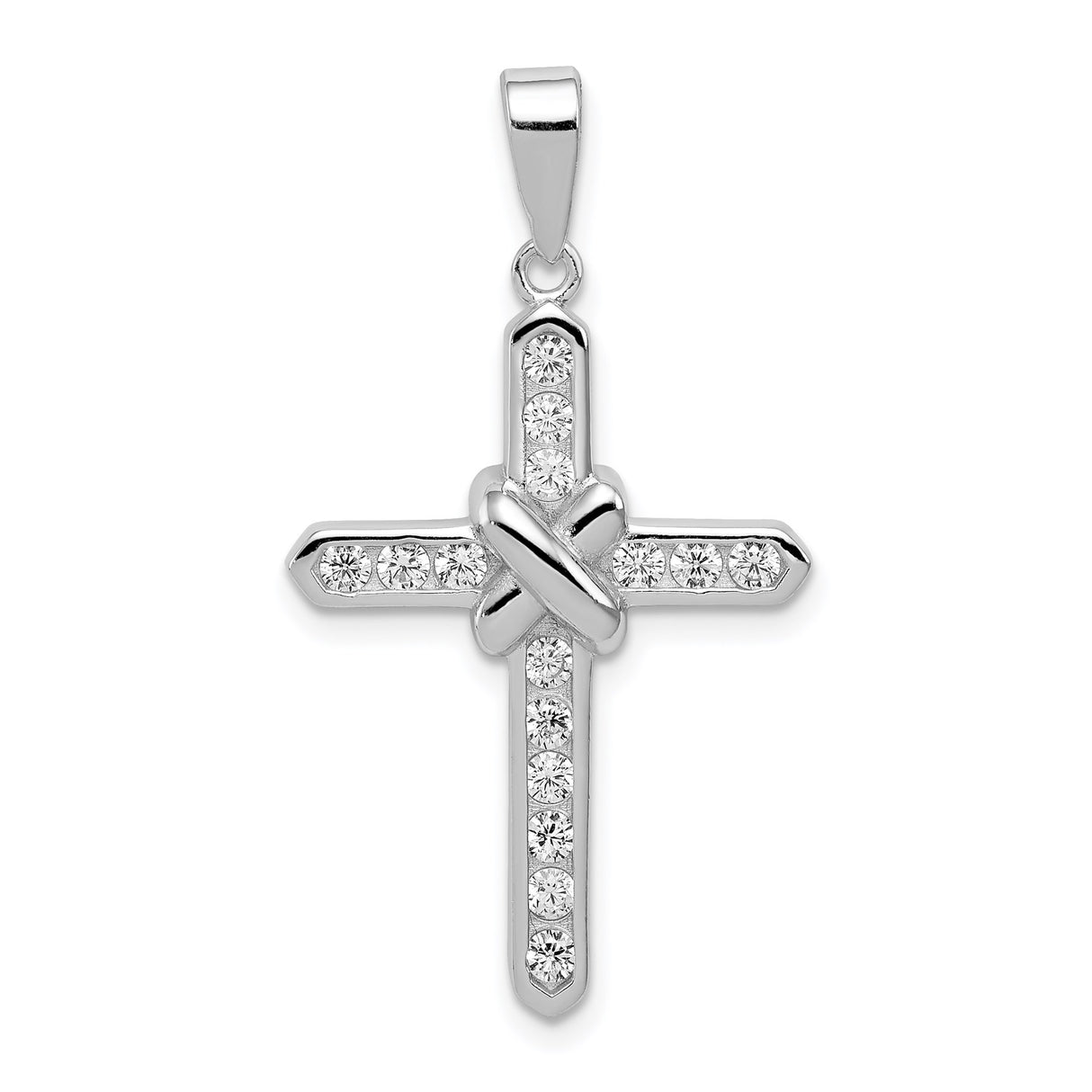 Sterling Silver Cross Pendant with Cubic Zirconia, Beveled Edge Design, Symbol of Faith