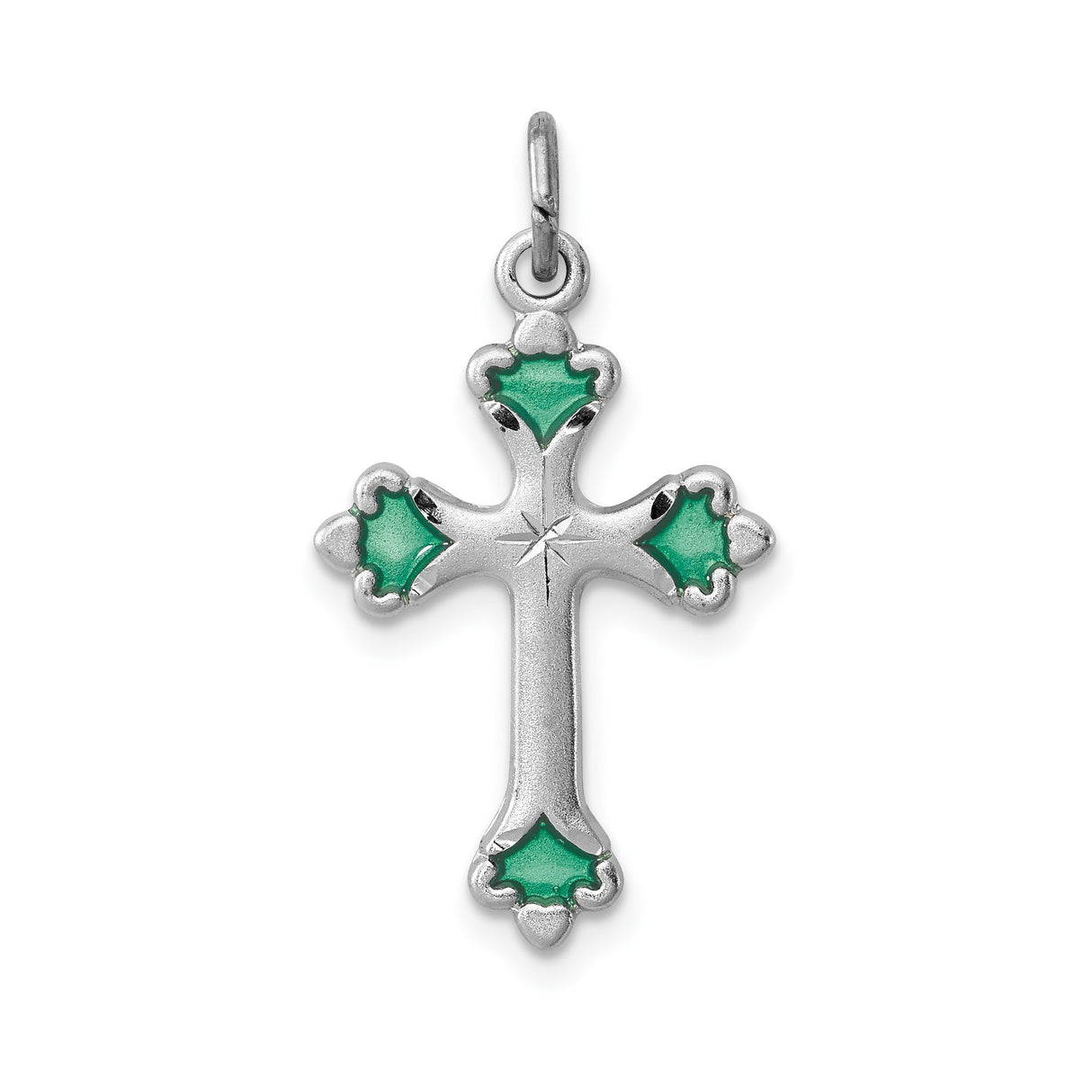 Sterling Silver Cross Pendant with Green Enamel, Emerald Inlay, and Patonce Starburst Design