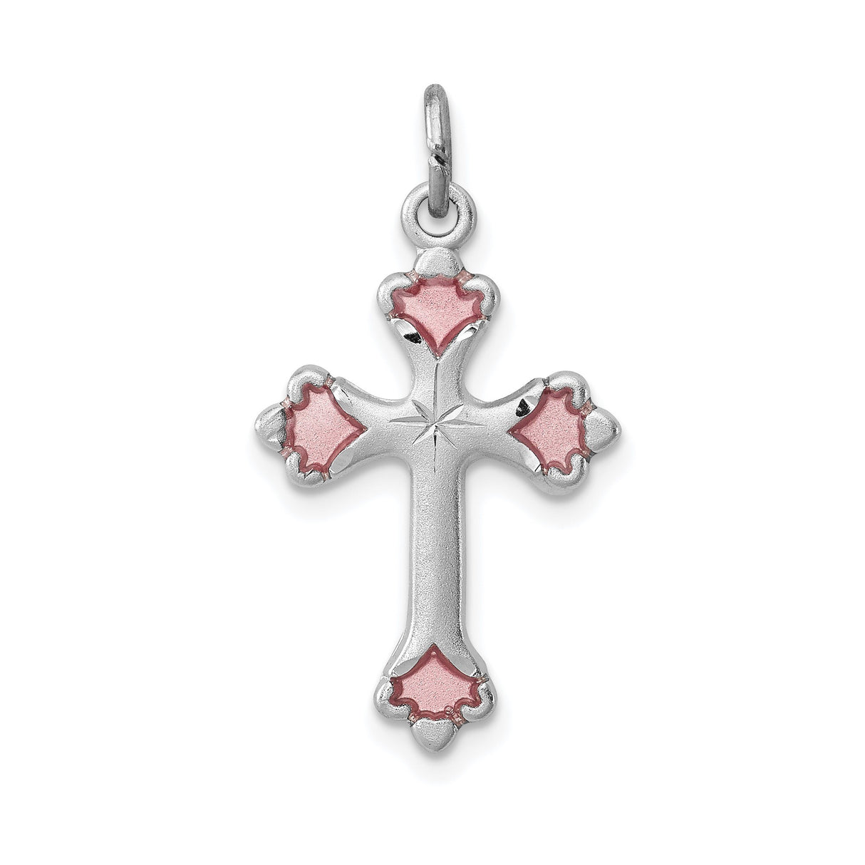 Sterling Silver Cross Pendant with Pink Enamel Floral Detail, Religious Design for Men and Women