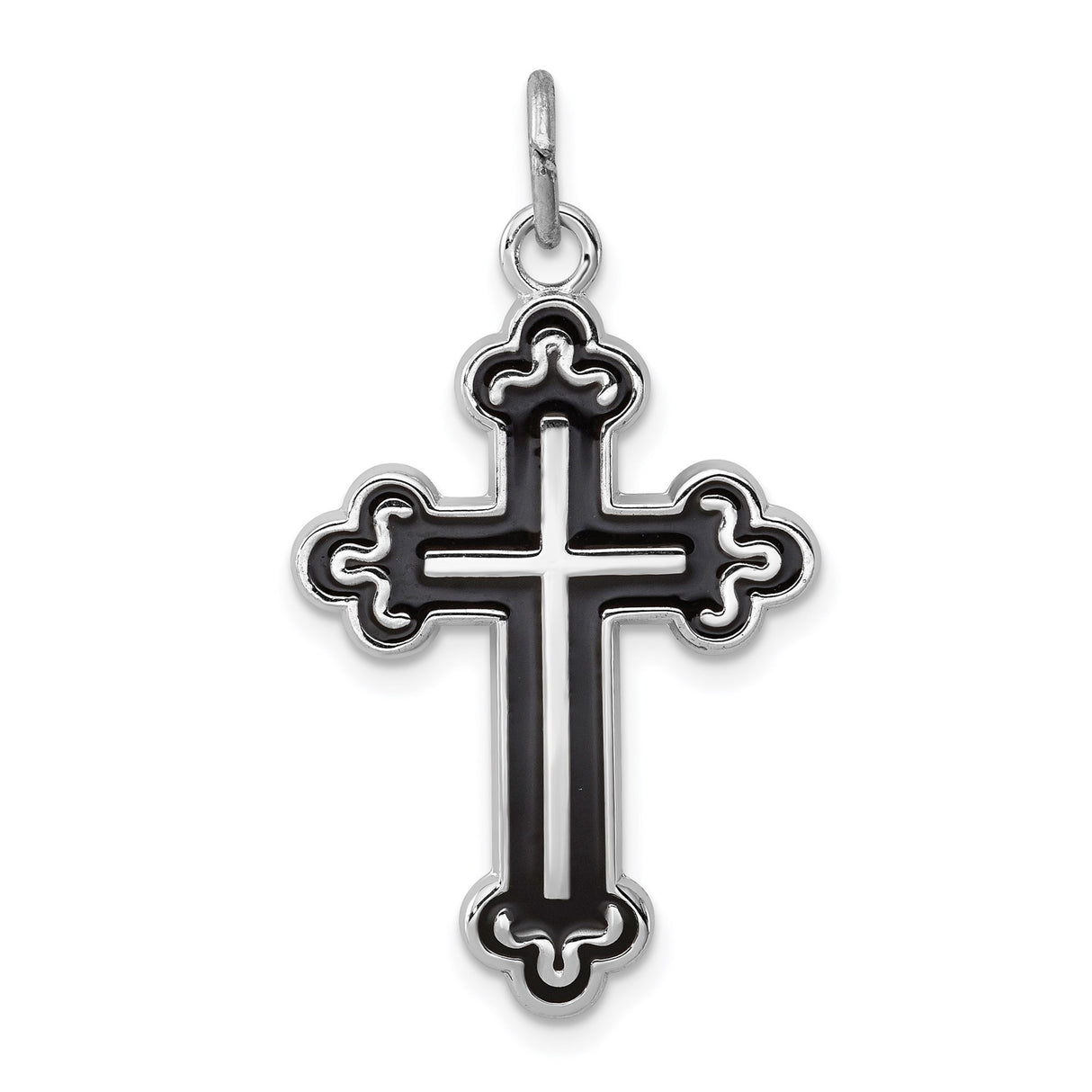 Sterling Silver Budded Cross Pendant with Black Enamel Inlay, Gothic Religious Design