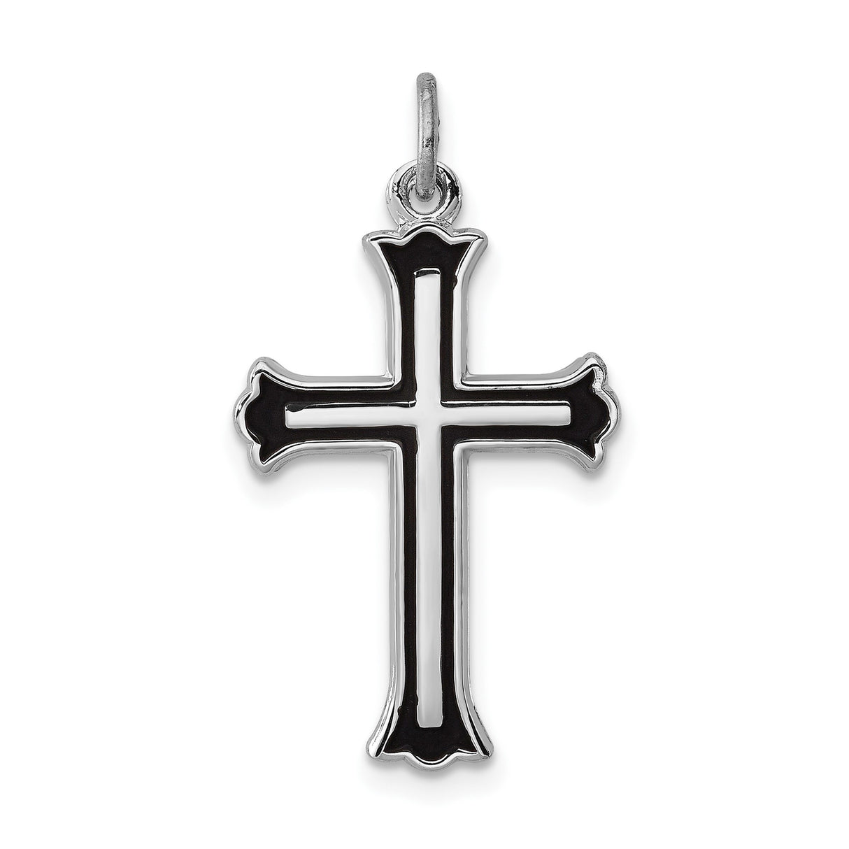Sterling Silver Cross Pendant with Black Enamel, Flared Tip Fleur Design, Vintage Style