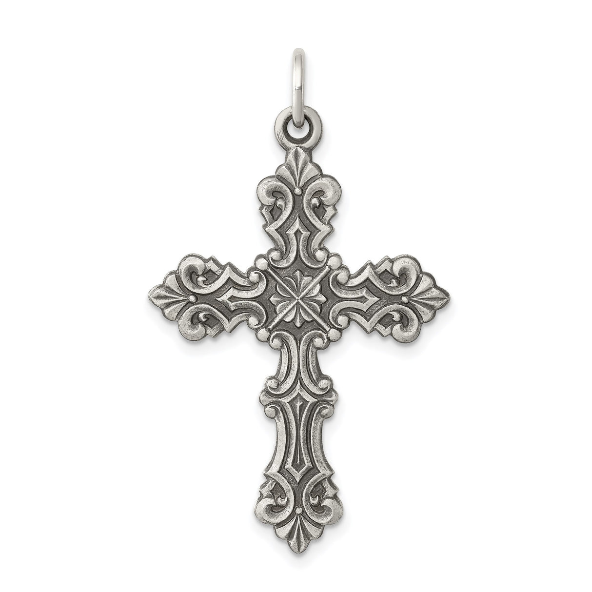 Sterling Silver Cross Pendant with Vintage Scrollwork, Gothic Floral Religious Design