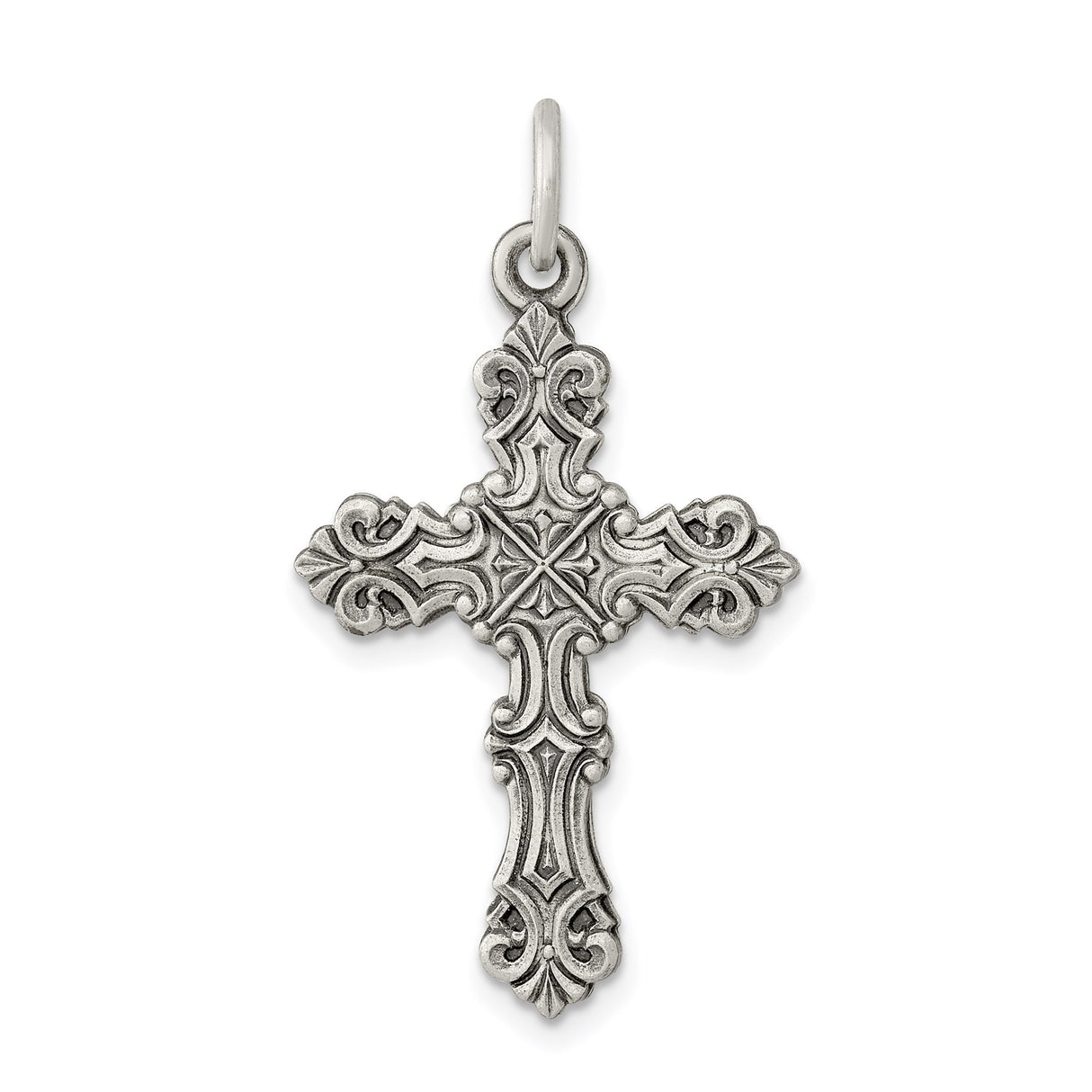 Sterling Silver Cross Pendant with Baroque Scrollwork and Aged Finish, Gothic Style