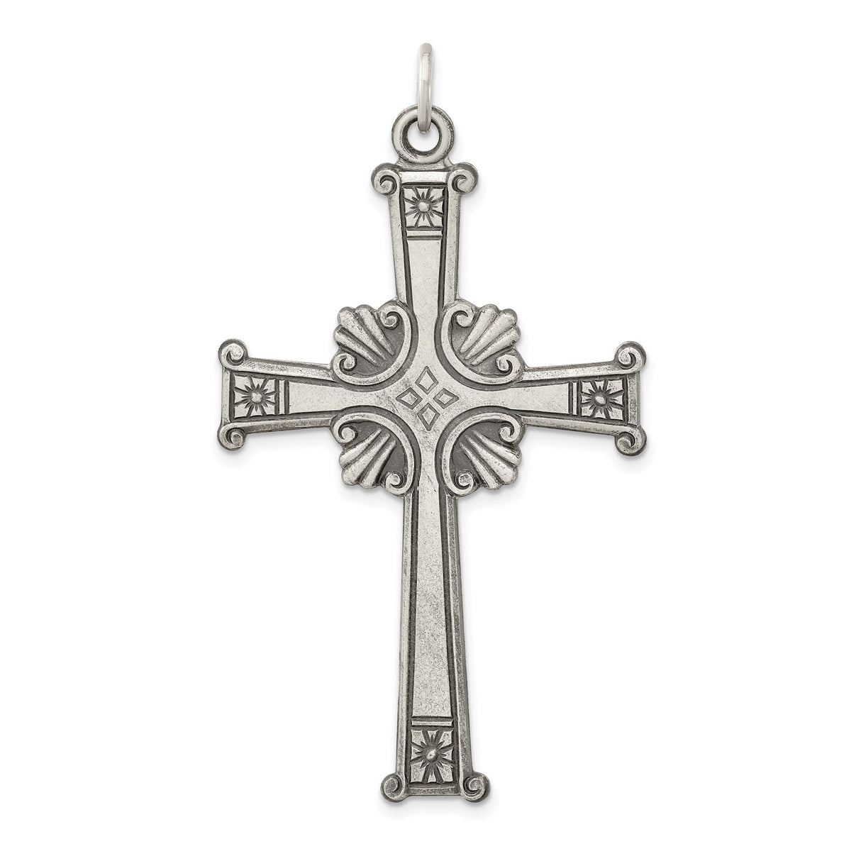 Sterling Silver Cross Pendant with Ornate Scrollwork and Antique Patina Finish