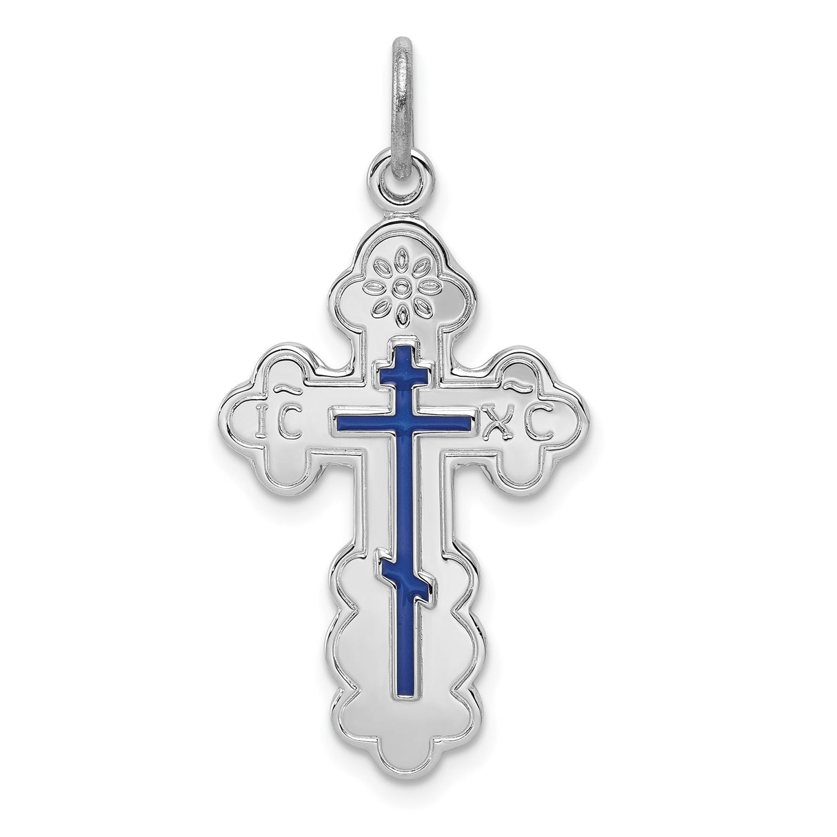 Sterling Silver Cross Pendant with Blue Enamel, Eastern Orthodox Design, Quatrefoil Motif