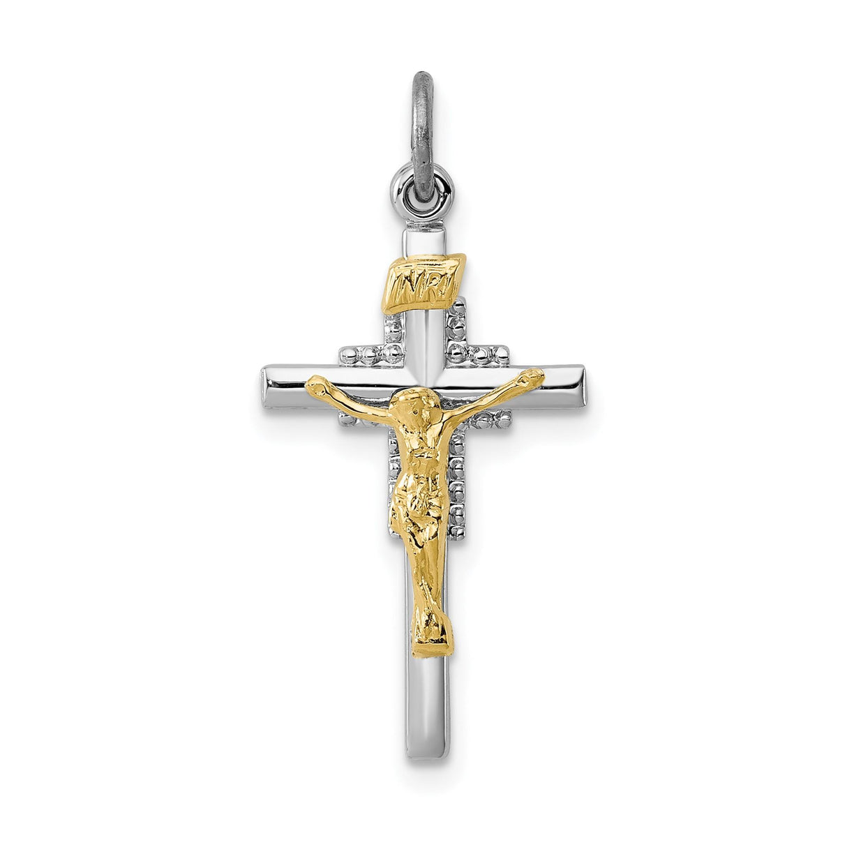 Sterling Silver Crucifix Cross Pendant with Textured Jesus Detail, Gold Vermeil INRI Design