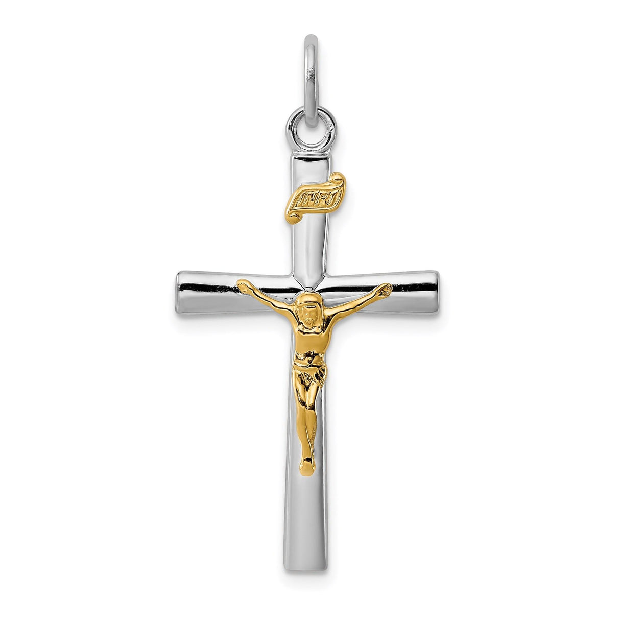Sterling Silver Crucifix Cross Pendant with Two-Tone Jesus Figure and INRI Detail