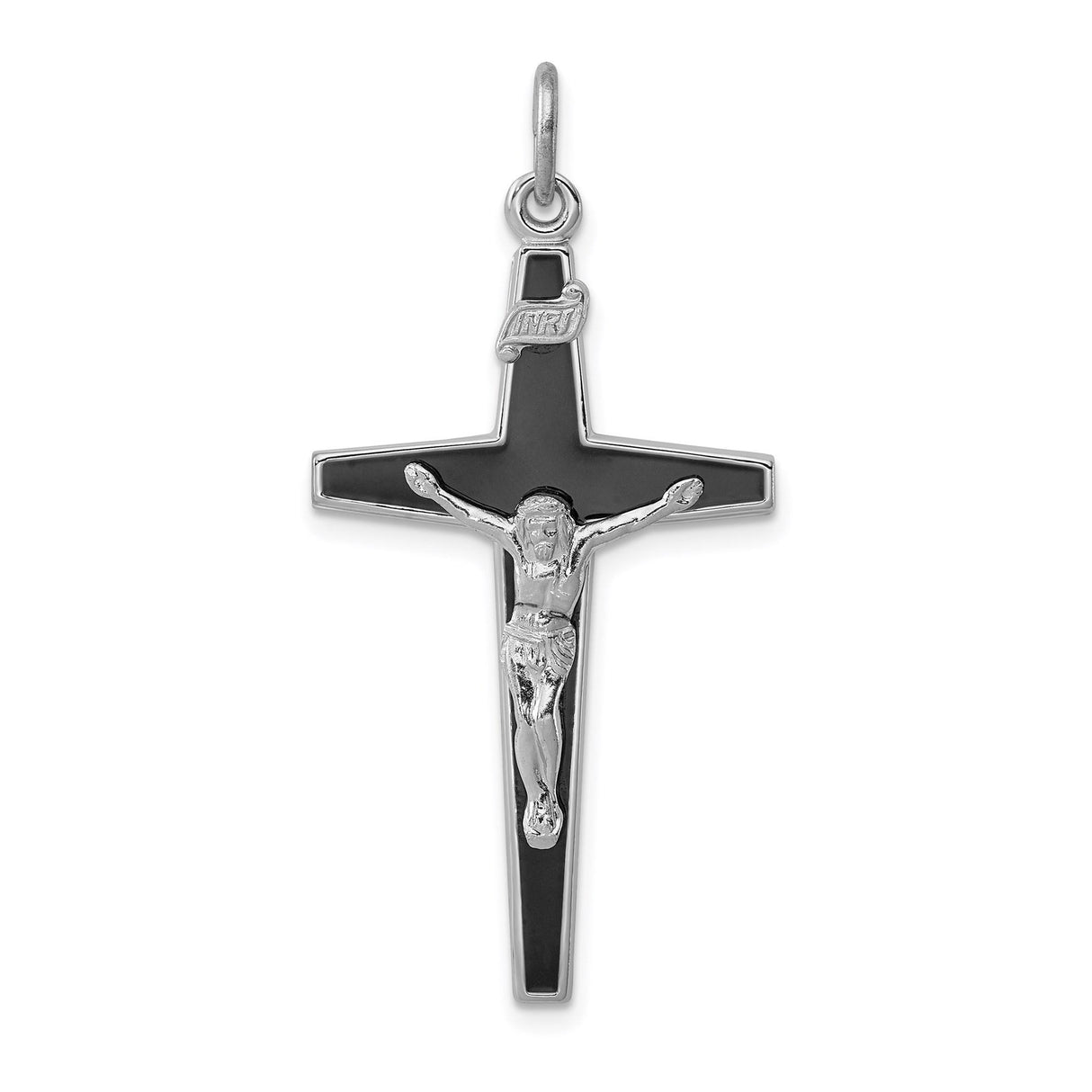 Sterling Silver Crucifix Pendant with Black Enamel, Jesus Charm, Religious Design