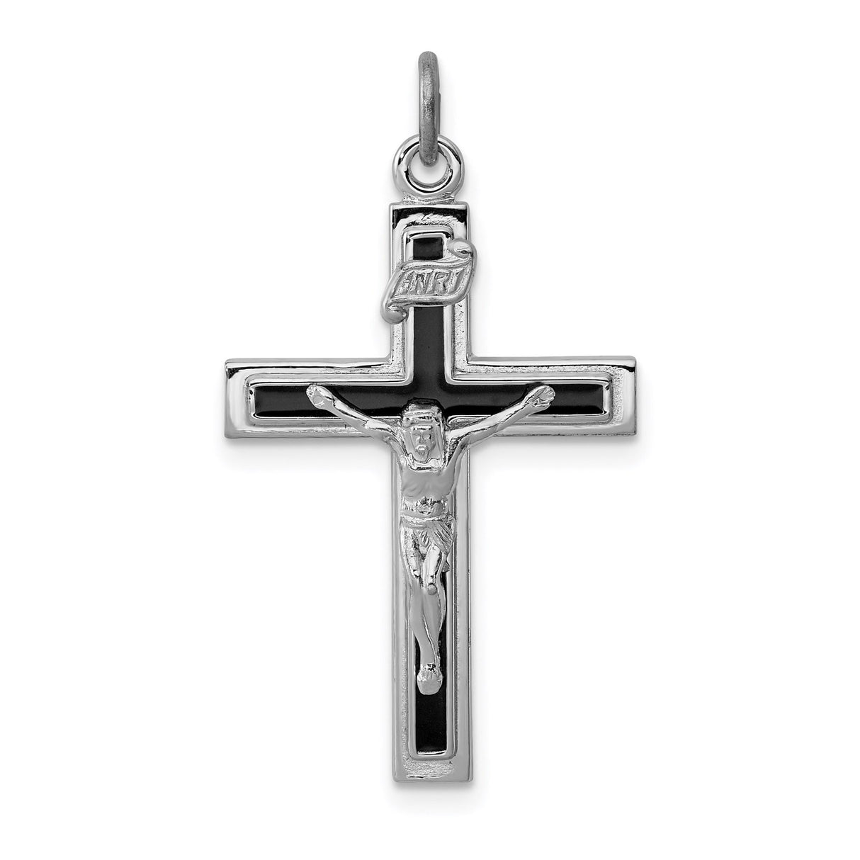 Sterling Silver Crucifix Cross Pendant with Raised Christ and Black Enamel Accents