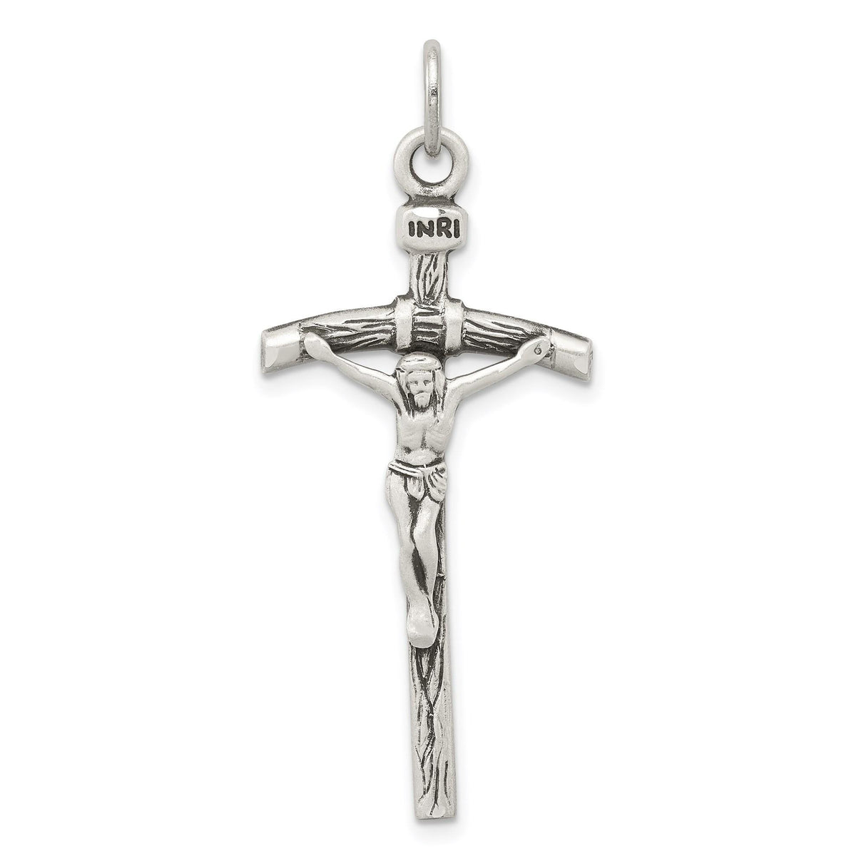 Sterling Silver Crucifix Pendant with Textured Woodgrain Cross and INRI Symbol