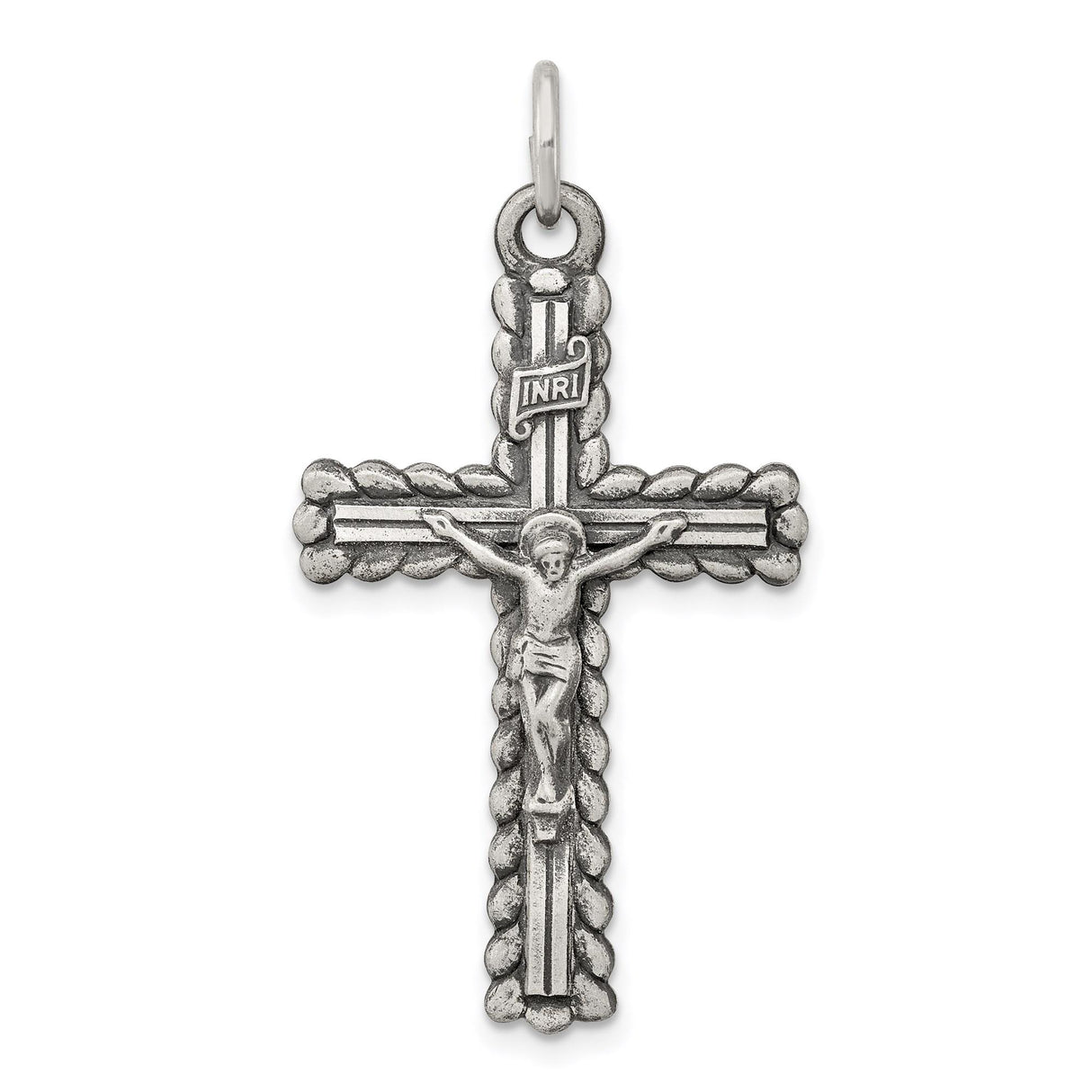Sterling Silver Crucifix Cross Pendant with Raised Jesus and INRI Detail