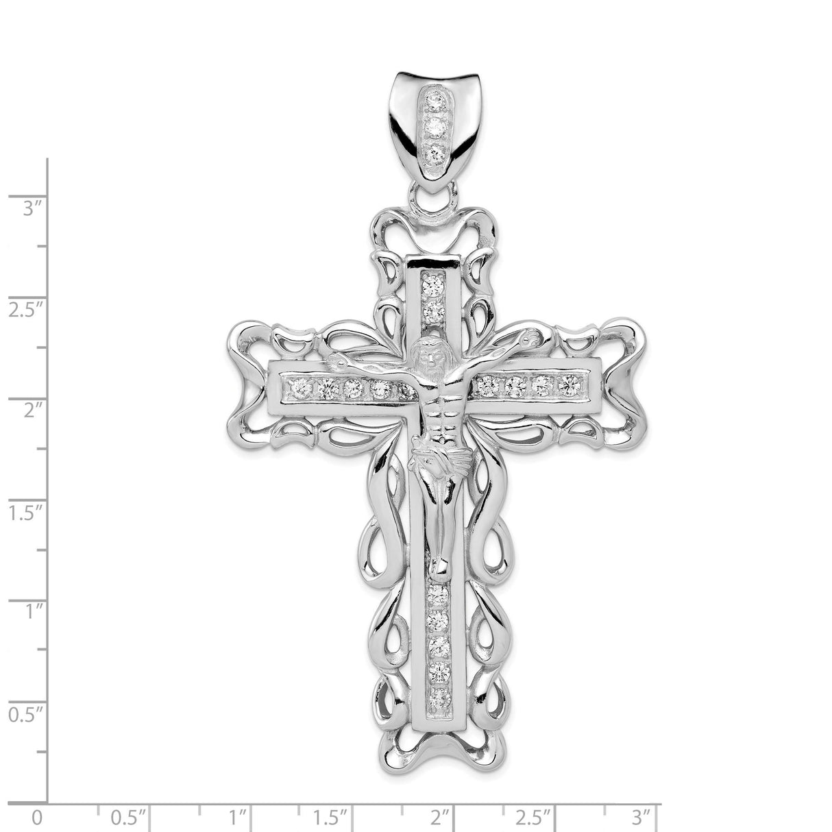 Sterling Silver Crucifix Cross Pendant with Cubic Zirconia, Filigree Design, Jesus Christ Symbol