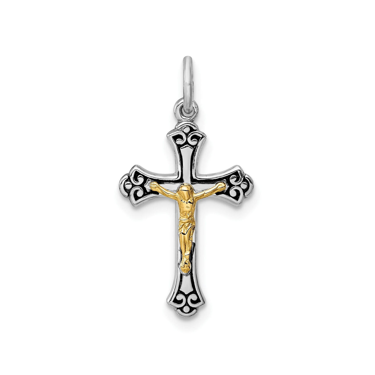 Sterling Silver Crucifix Cross Pendant with Gold Vermeil, Ornate Scrollwork, Spiritual Design