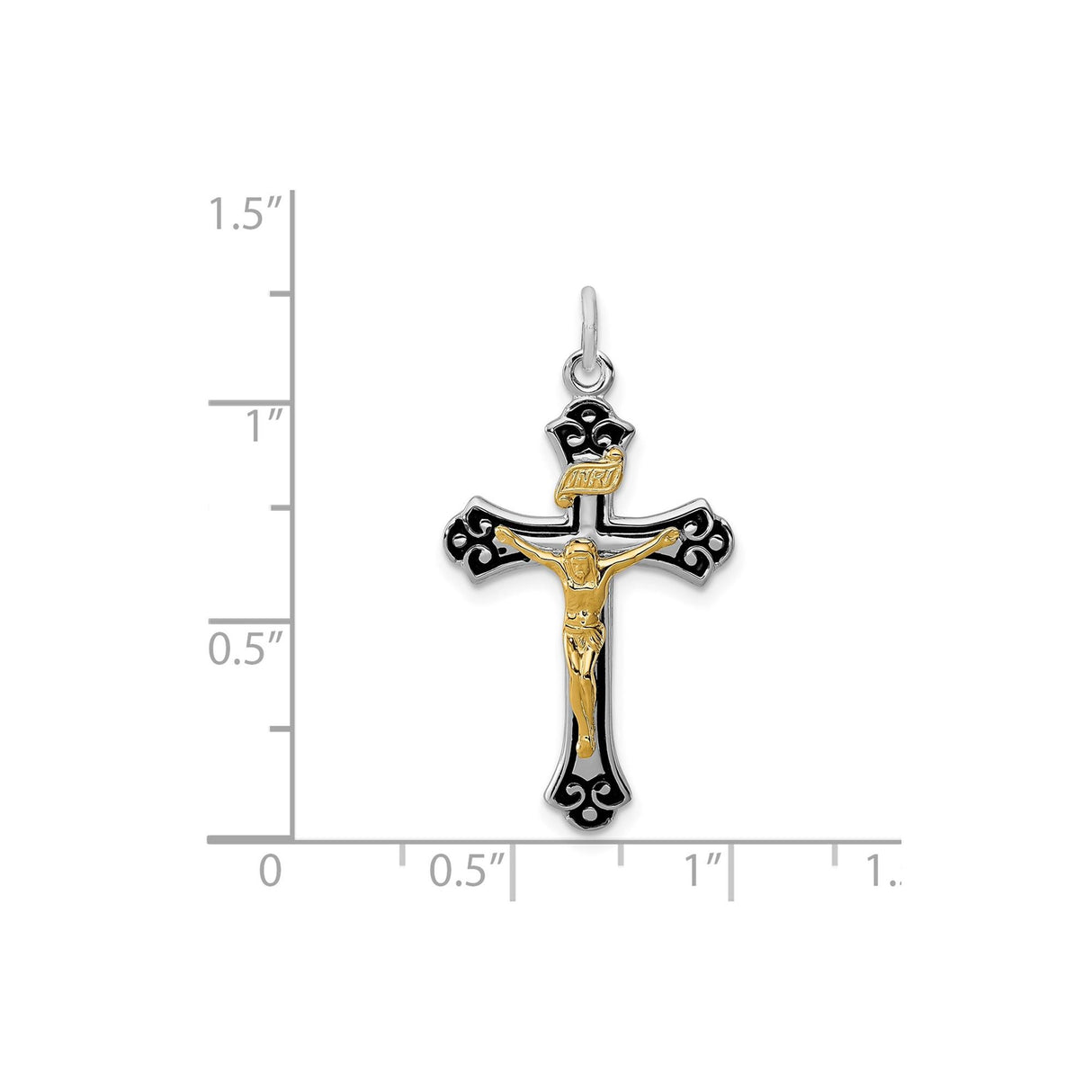 Sterling Silver Crucifix Cross Pendant with INRI Scrollwork and Baroque Details