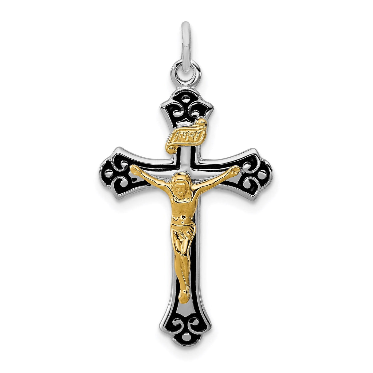 Sterling Silver Crucifix Cross Pendant with INRI Scrollwork and Baroque Details