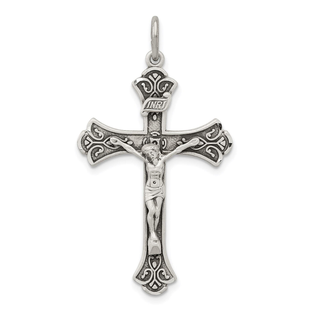 Sterling Silver Crucifix Cross Pendant with INRI and Scrollwork Accents Christian Jewelry