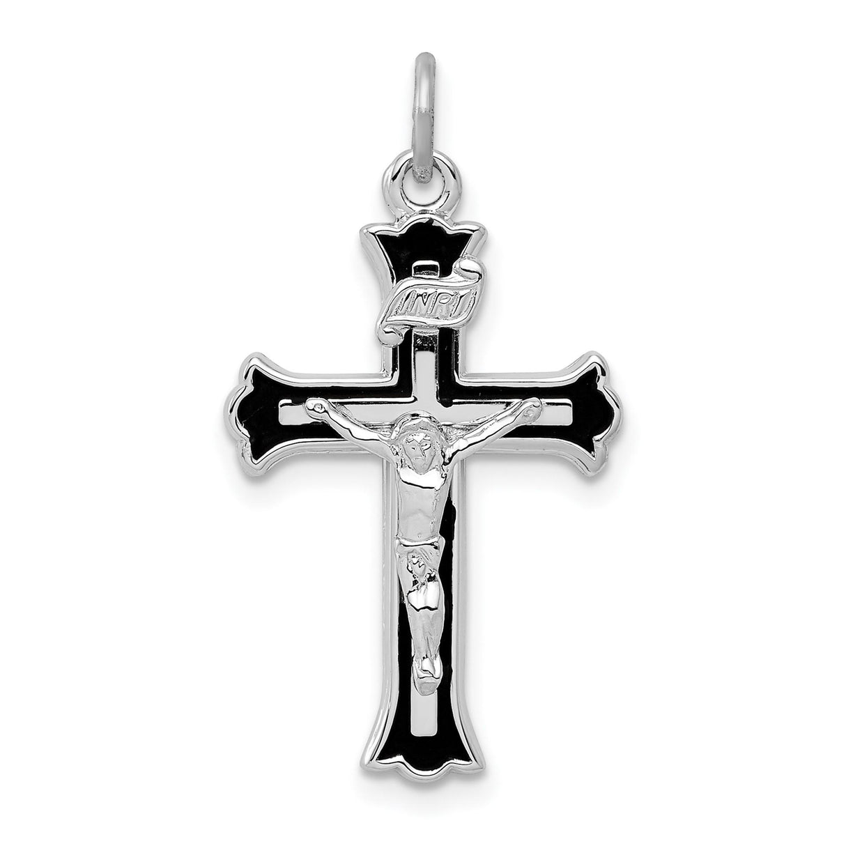Sterling Silver Crucifix Pendant with INRI Detailing and Black Enamel Accents