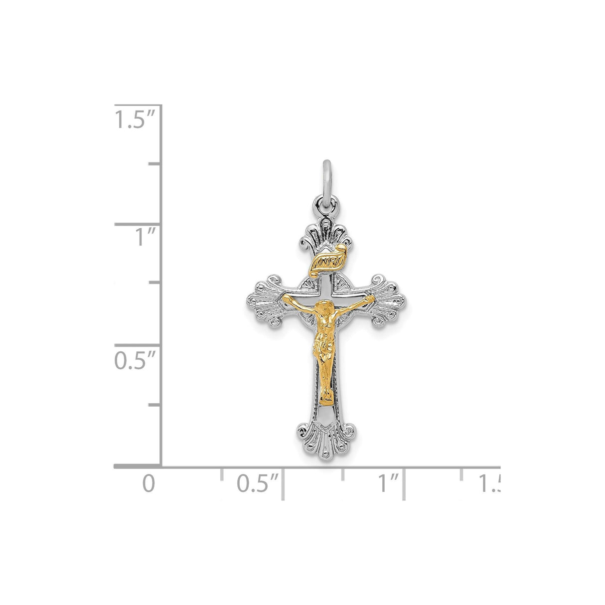 Sterling Silver Crucifix Cross Pendant with Gold Vermeil INRI Scroll and Fleur Design