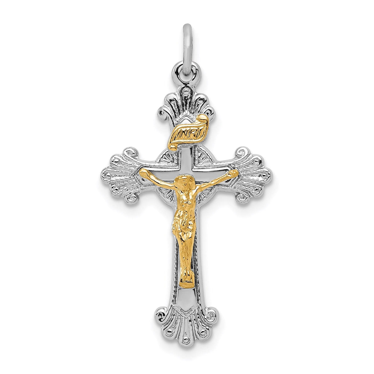 Sterling Silver Crucifix Cross Pendant with Gold Vermeil INRI Scroll and Fleur Design