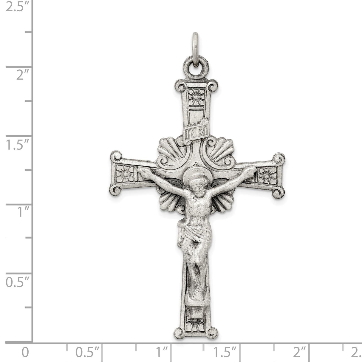 Sterling Silver Crucifix Pendant with INRI Jesus, Antiqued Scroll Design