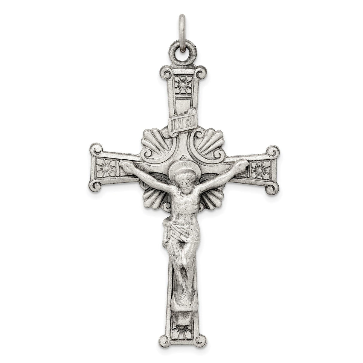 Sterling Silver Crucifix Pendant with INRI Jesus, Antiqued Scroll Design