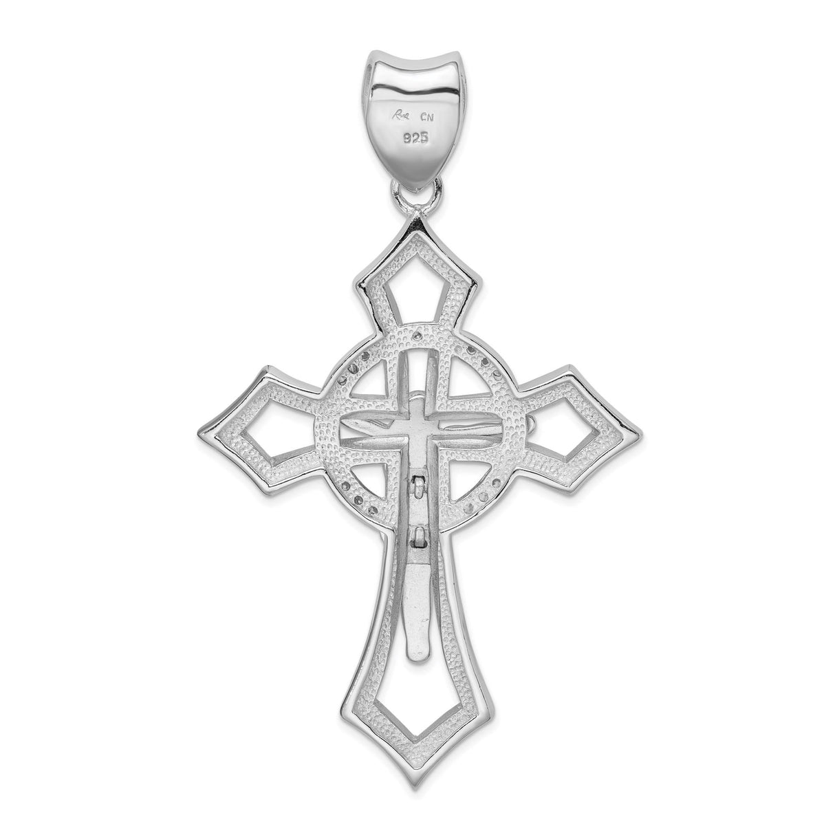 Sterling Silver Crucifix Cross Pendant with Cubic Zirconia Halo Bail, Christian Jesus Charm