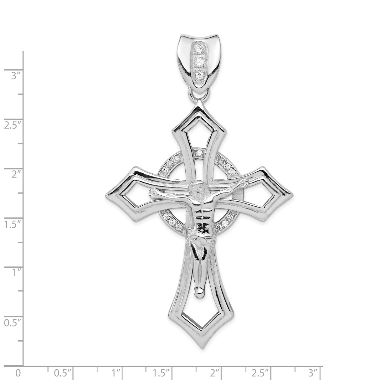 Sterling Silver Crucifix Cross Pendant with Cubic Zirconia Halo Bail, Christian Jesus Charm