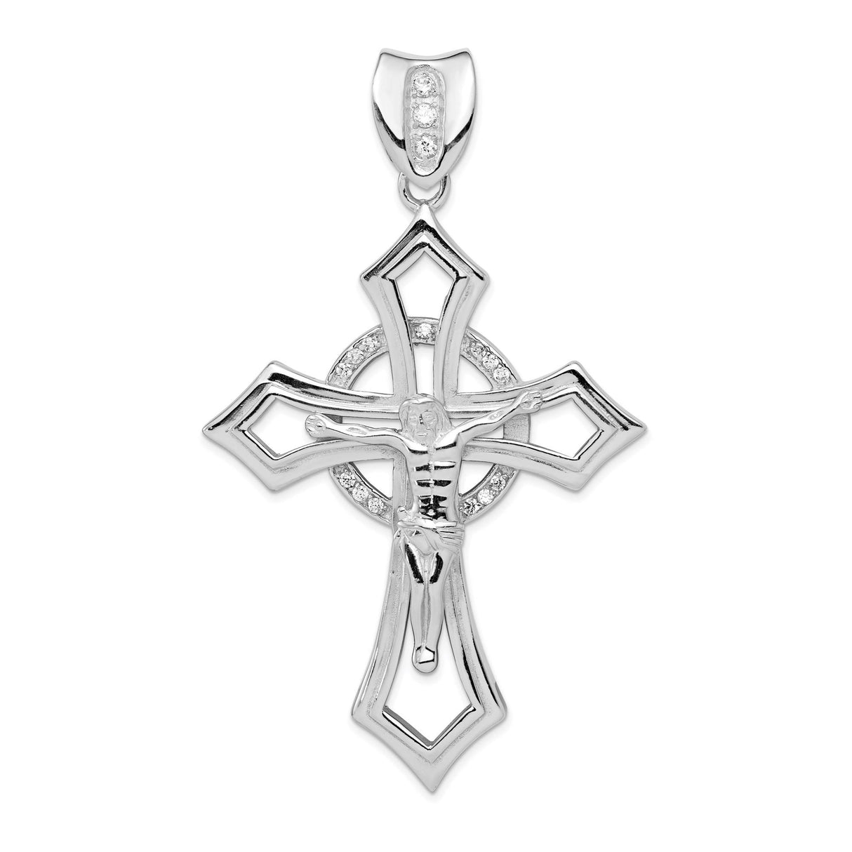Sterling Silver Crucifix Cross Pendant with Cubic Zirconia Halo Bail, Christian Jesus Charm