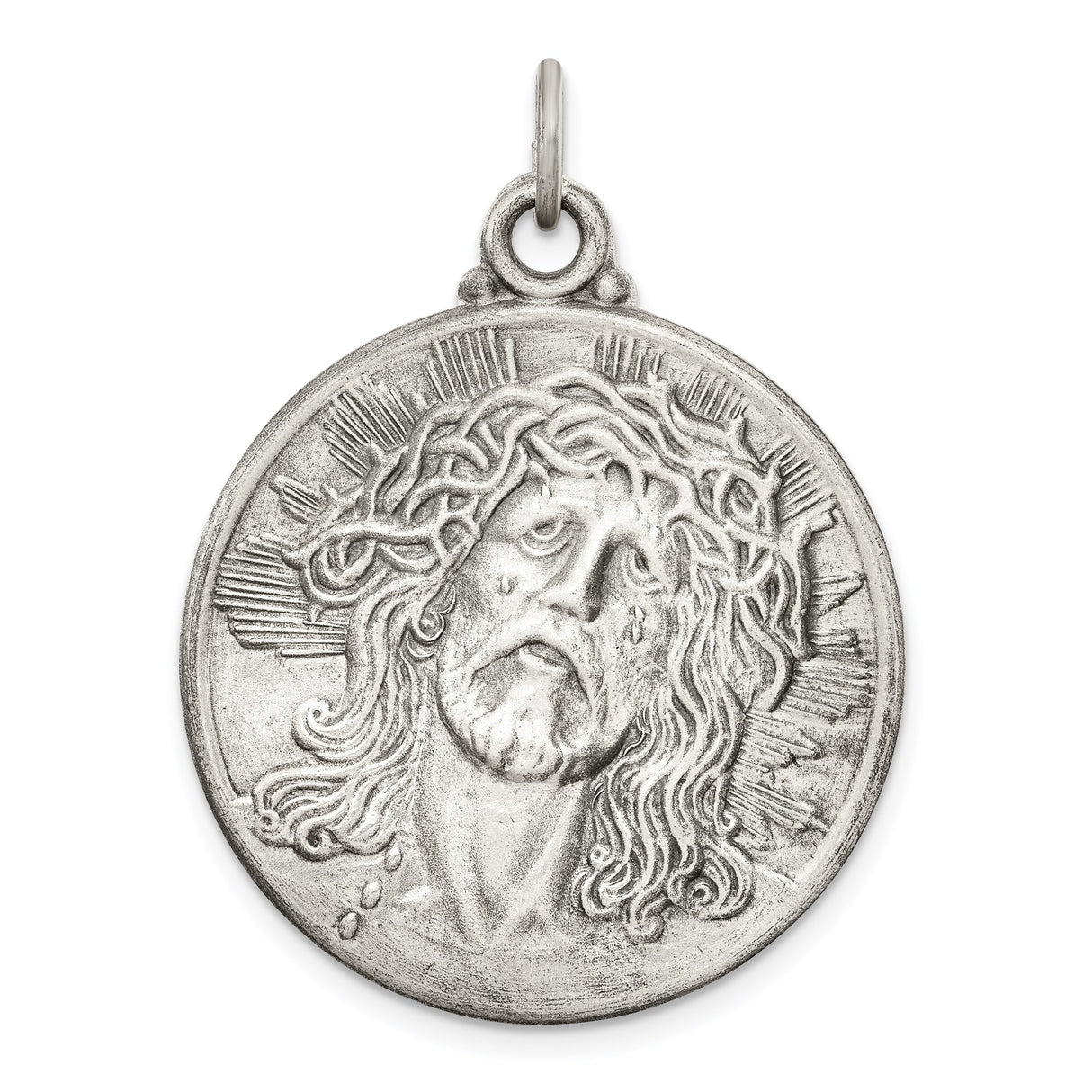 Sterling Silver Jesus Christ Pendant with Halo and Crown of Thorns , Catholic Medallion for Men or Women