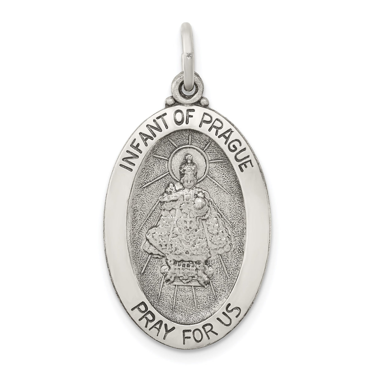 Sterling Silver Oval Pendant with Infant of Prague and Pray for Us Engraving, Catholic Medal for Women