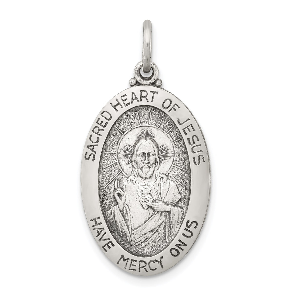 Sterling Silver Pendant, Sacred Heart of Jesus Medal with Radiant Halo Engraving
