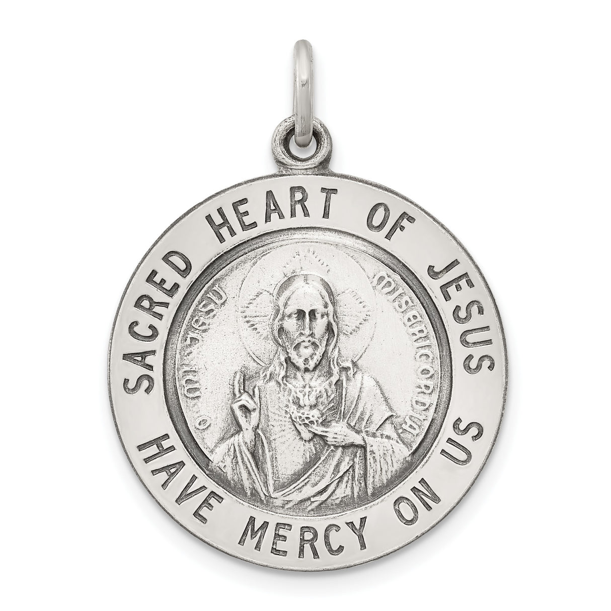 Sterling Silver Sacred Heart of Jesus Pendant with Halo and Heart Symbol, Religious Medal