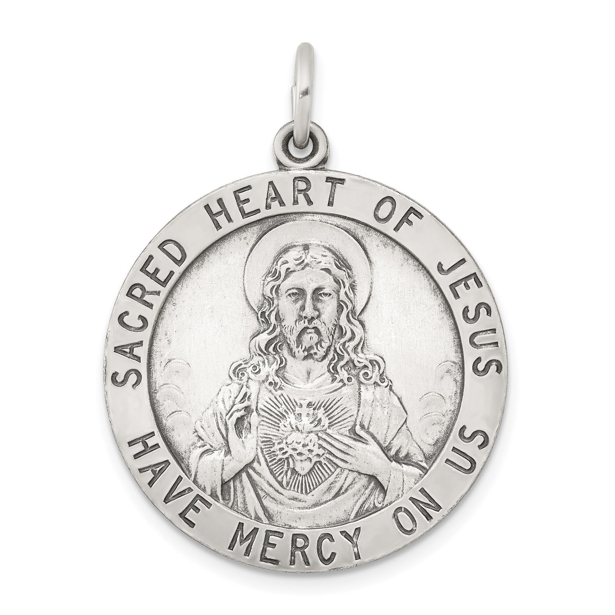 Sterling Silver Sacred Heart of Jesus Pendant with Holy Emblem and Mercy Inscription
