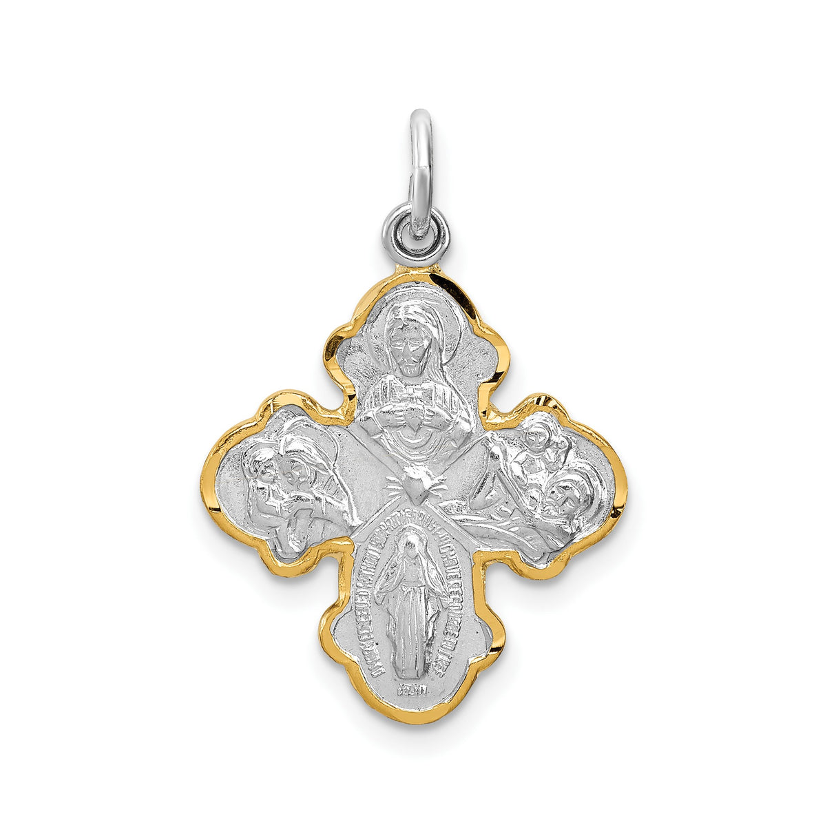 Sterling Silver Cross Pendant with Gold Trim Featuring Jesus, Virgin Mary, and Saints