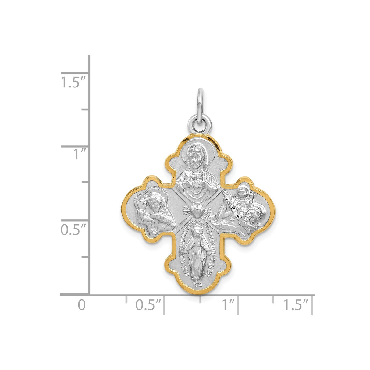 Sterling Silver Four-Way Cross Pendant with Sacred Heart, St. Joseph, St. Christopher, Miraculous Medal