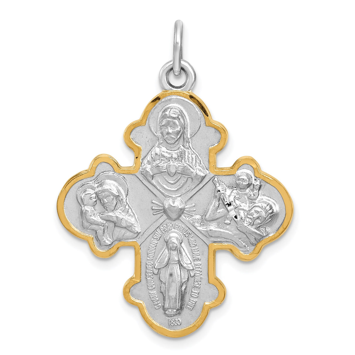 Sterling Silver Four-Way Cross Pendant with Sacred Heart, St. Joseph, St. Christopher, Miraculous Medal