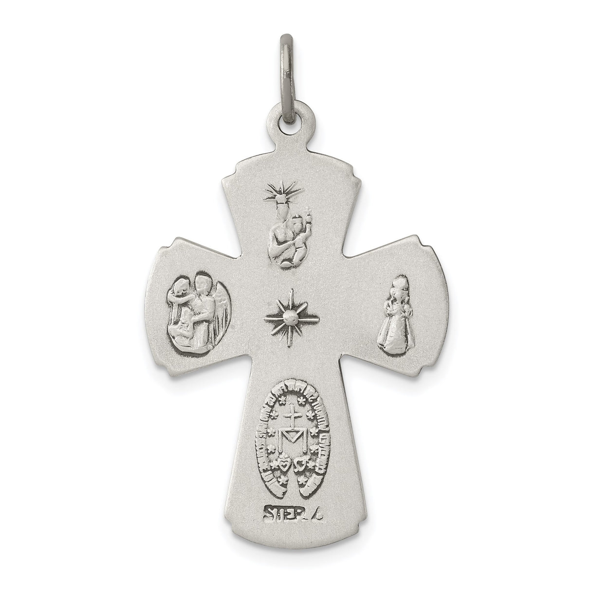 Sterling Silver Cross Pendant with Virgin Mary, Sacred Heart, and Angelic Details