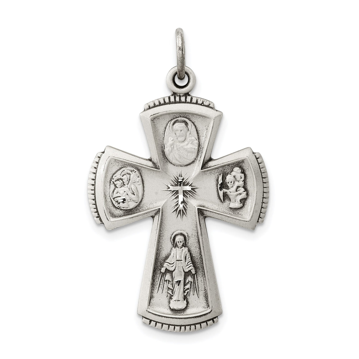 Sterling Silver Cross Pendant with Virgin Mary, Sacred Heart, and Angelic Details