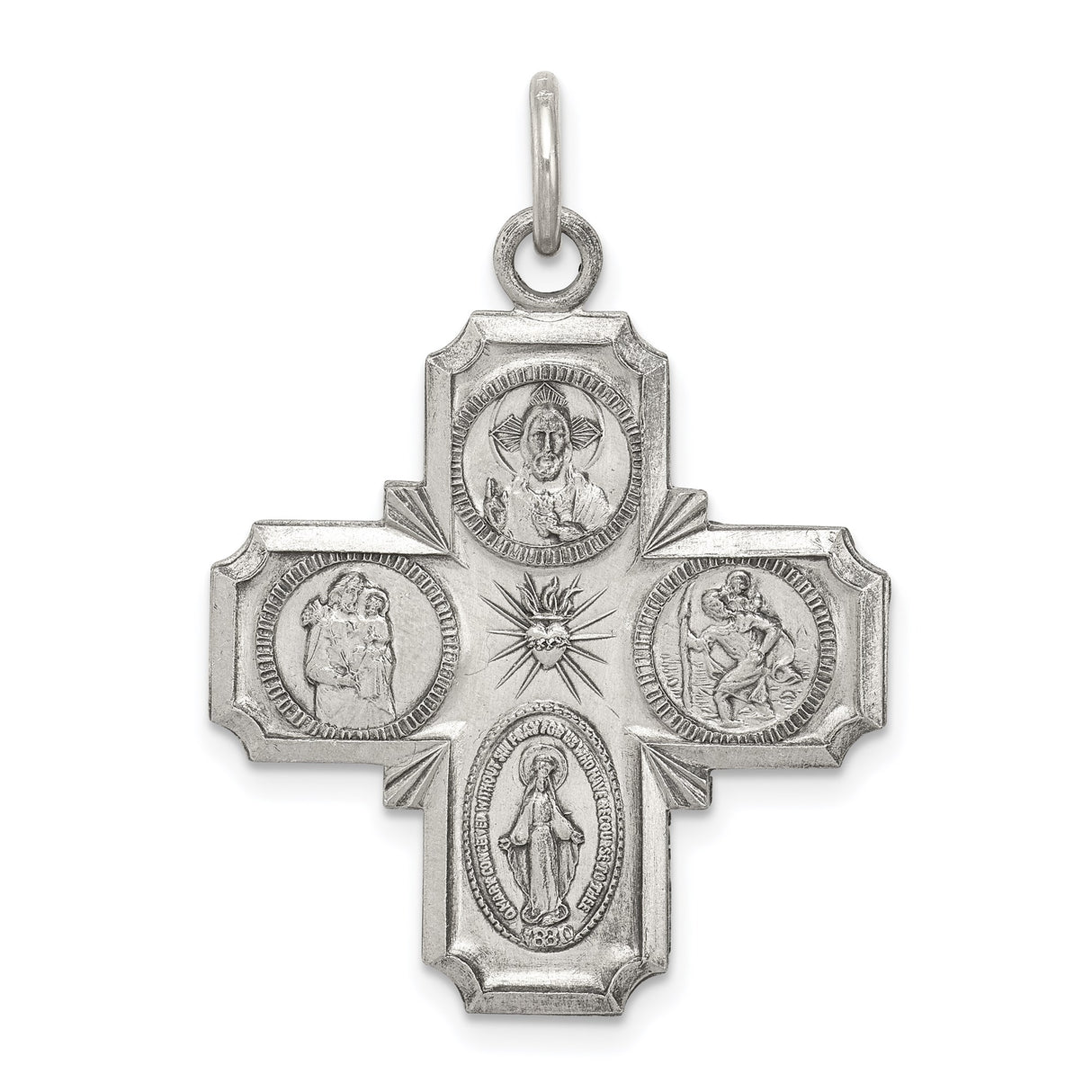 Sterling Silver Four-Way Cross Pendant with Sacred Heart, St. Joseph, St. Christopher, Miraculous Medal
