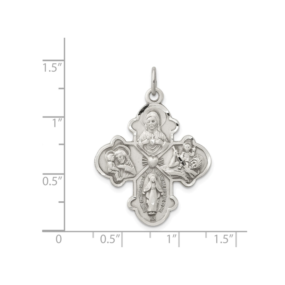 Sterling Silver Four-Way Cross Pendant with Sacred Heart, Miraculous Medal, Virgin Mary, St Joseph