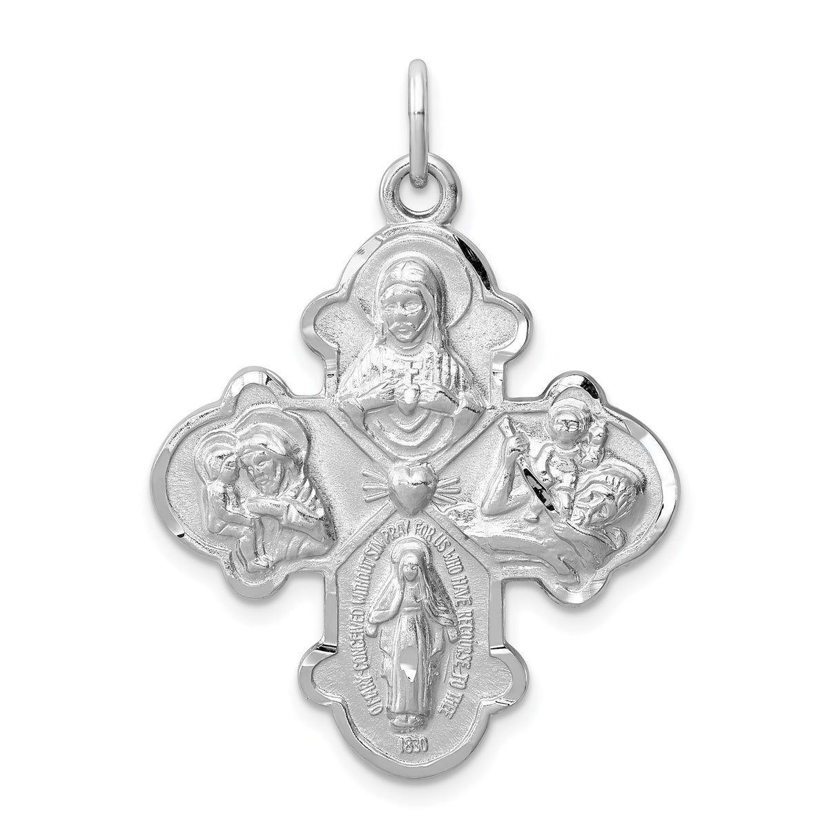 Sterling Silver Four-Way Cross Pendant with Sacred Heart, St. Christopher, Miraculous Medal, St. Joseph
