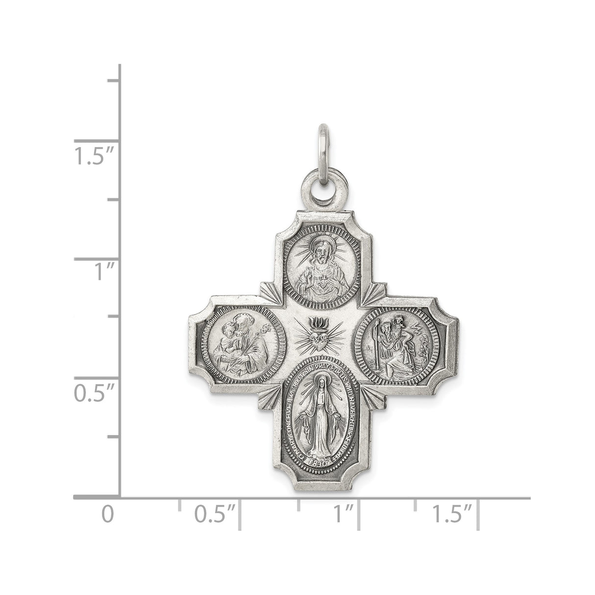 Sterling Silver Catholic Cross Pendant with Sacred Heart, Saint Joseph, and Miraculous Medal