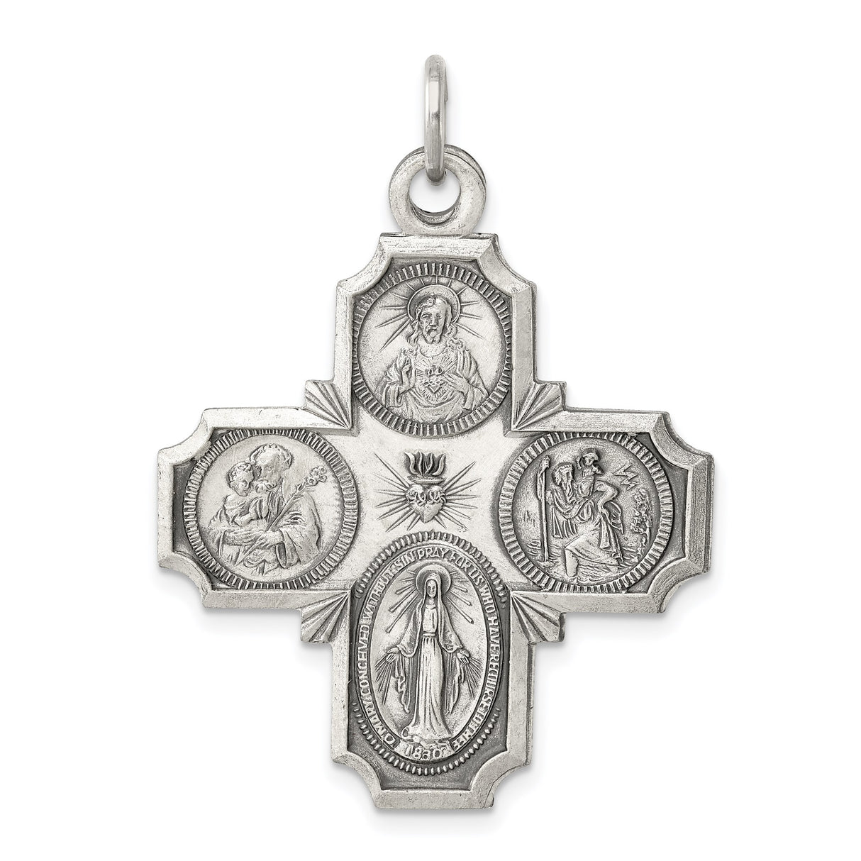 Sterling Silver Catholic Cross Pendant with Sacred Heart, Saint Joseph, and Miraculous Medal
